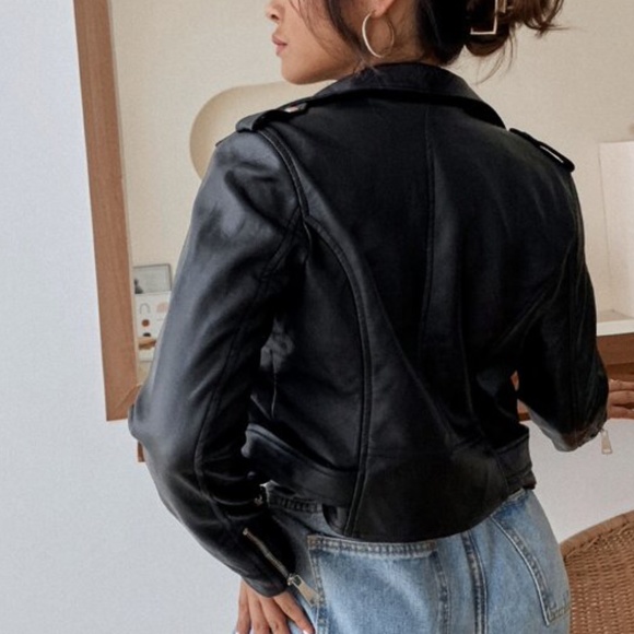 Black Vegan Leather Zipper Moto Biker Jacket y2k - Picture 4 of 5